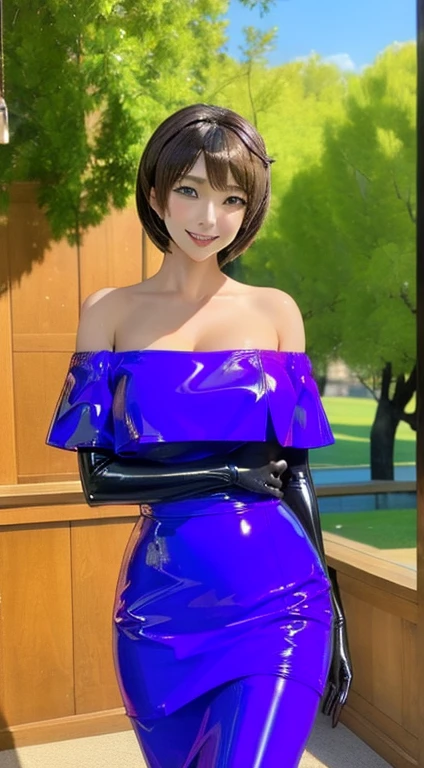 masterpiece, 1 girl, alone, Shortcuts, , Makoto "Queen" Niijima (Makoto Niijima) - Persona、Looking at the audience, Big Breasts, Mature Woman, blush, smile, Black Hair、Lilac eyes, Pink Bed, Mature Woman,Black latex gloves,Purple off-the-shoulder latex suit,Purple Skirt,Purple off-the-shoulder latex,Purple latex skirt,Latex shirt,Purple latex off-shoulder shirt,Armpit sweat