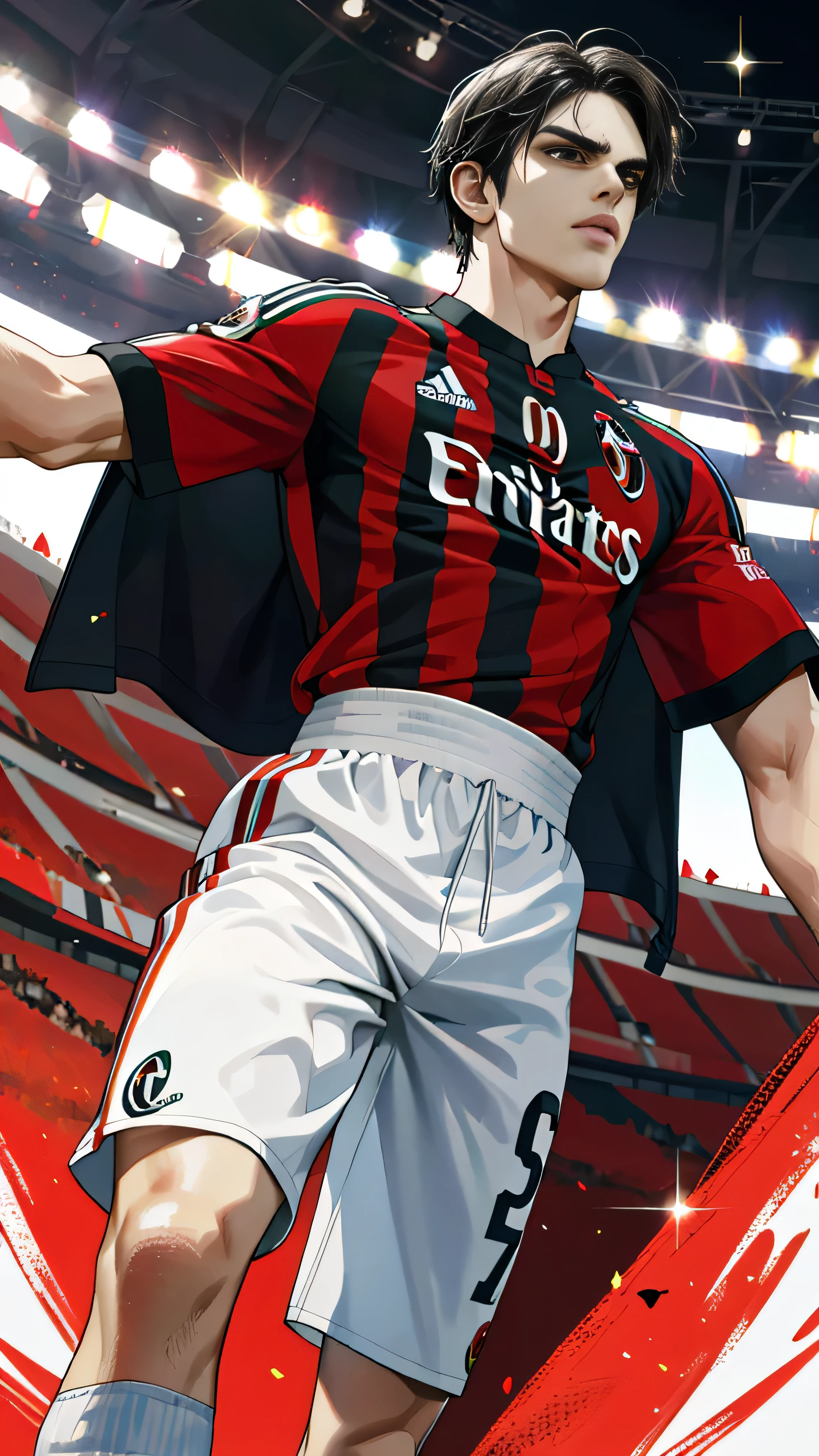 With high definition images, feature the iconic soccer superstar, Kaka, posing confidently in front of a dramatic field backdrop as an AC Milan meme. His charming delight radiates through the captivating realism of this masterpiece. The sharp focus of the photograph highlights every intricate detail, from the sweat spots on his forehead to the sparkling hair framing his face. The bright team colors of AC Milan contrast against Kaka's jersey, with the Milan crest visible for all to see. This remarkable digital art rendering showcases the elite athleticism and dynamic pose of the soccer legend, sure to inspire awe and admiration.