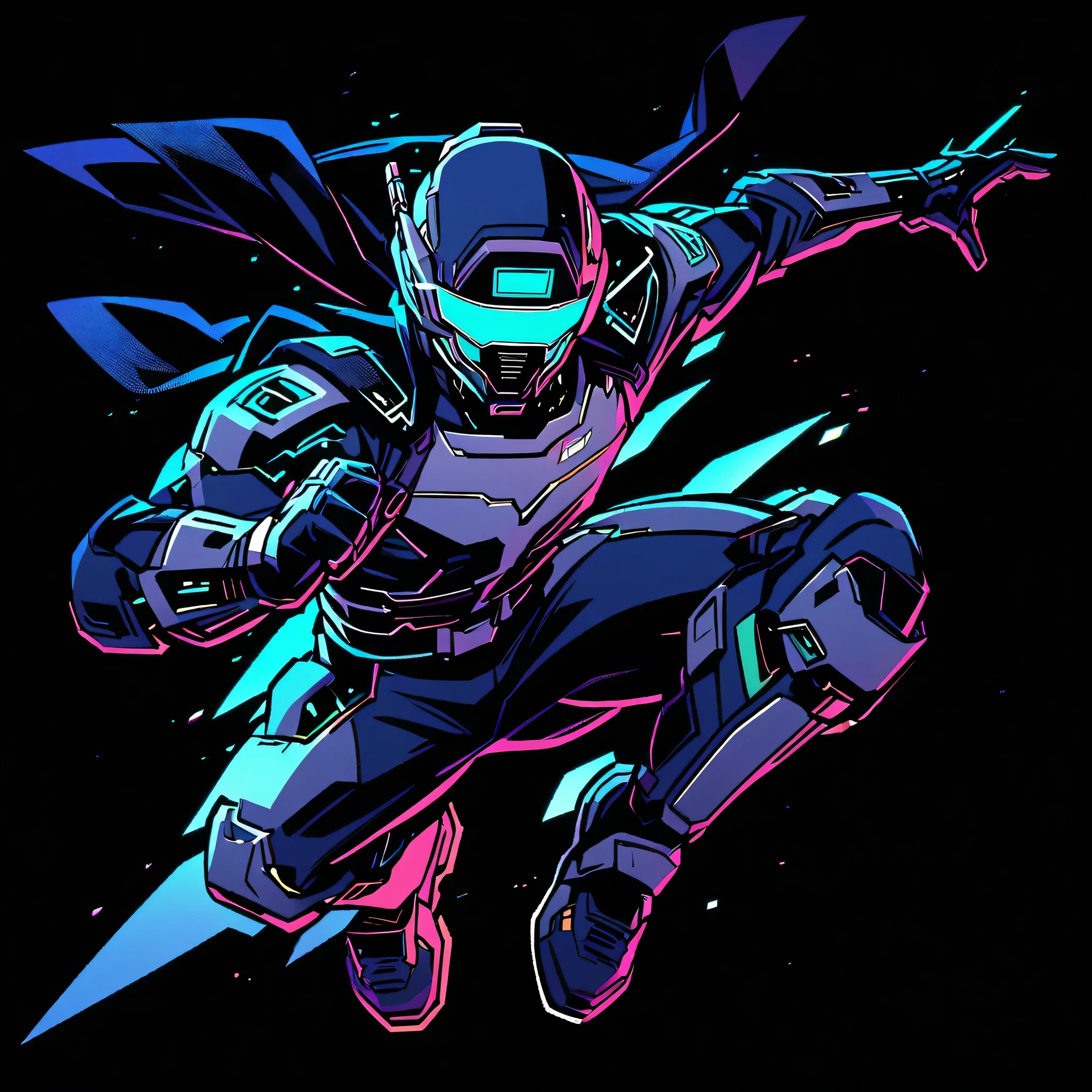 Cybernetic ninja flying through a well lit city , animated, illustration