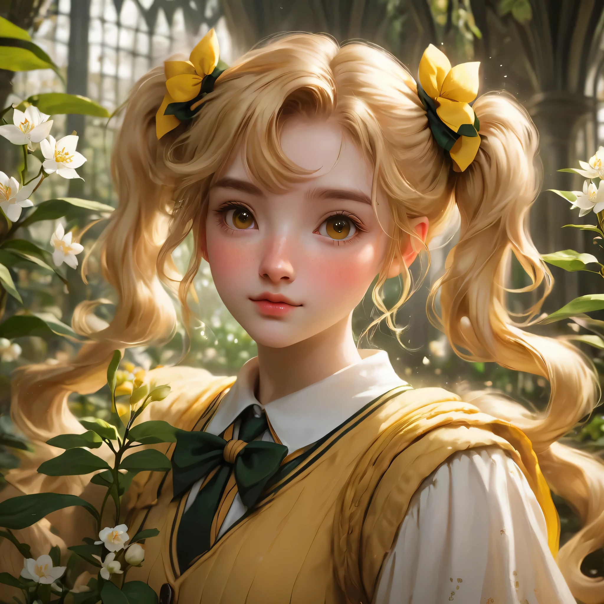 best quality, Masterpiece, Hogwarts students, Hufflepuff, I have short, raised twin tails., I have short, golden-blonde twin tails., serious, Very naughty, cute and bright, Freckles on the face, Hand holding a white jasmine flower, detailed brown eyes, detailed face, Fine skin, The background is in Hogwarts Greenhouses., soft light, mysterious, soft shadow, detailed texture, dynamic light.