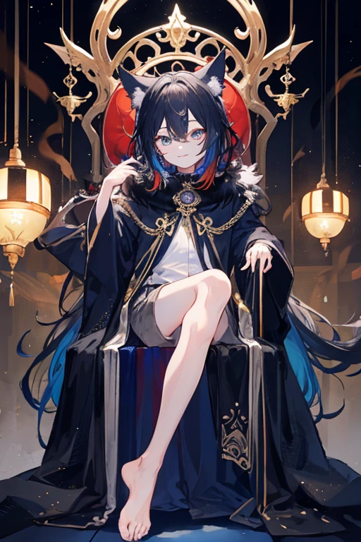 (1boy), (Shota), (HD quality, masterpiece level), cute character, dark black hair, blue shiny detailed eyes, earless, (wolf tail:1), one tail, , boy, (ears covered), (ears covered with hair), bunch of blue bangs, full body shot, sitting on throne, throne was made of gold, above the throne is a face of black wolf,with raindow eyes and white pupil , having fur color black and dark red, eyes pupil was rainbow in color,hubby face, happy, cute feet, cute face, solo, cinematic lighting,