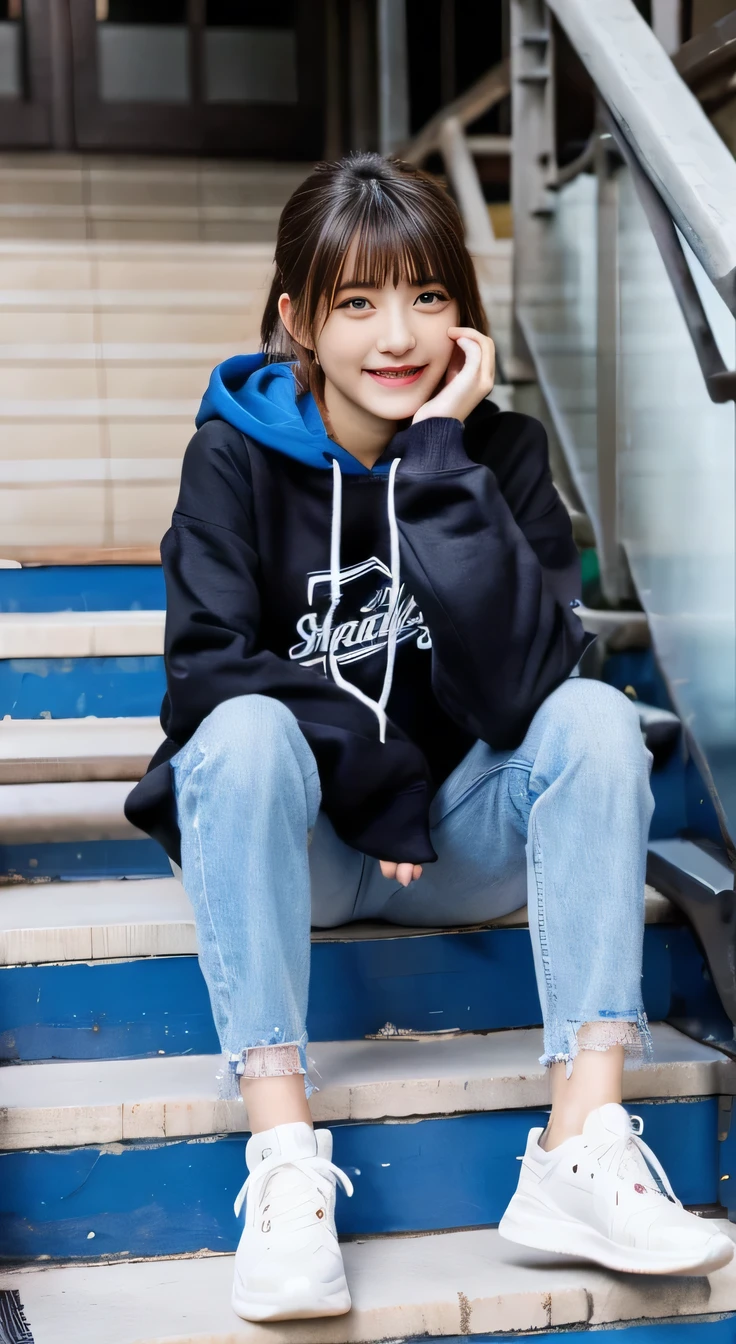 highest quality, Realistic, Very detailed, Finer details, High resolution, 8k wallpaper, One beautiful woman,Sit on the stairs、smile、、（Black socks） Oversized hoodie, Skinny jeans,（ sneakers）、Black Hair、 Beautiful Bangs、ear piercing、Perfect dynamic composition, Beautiful and detailed, Full Body Shot, A big smile waiting to start
