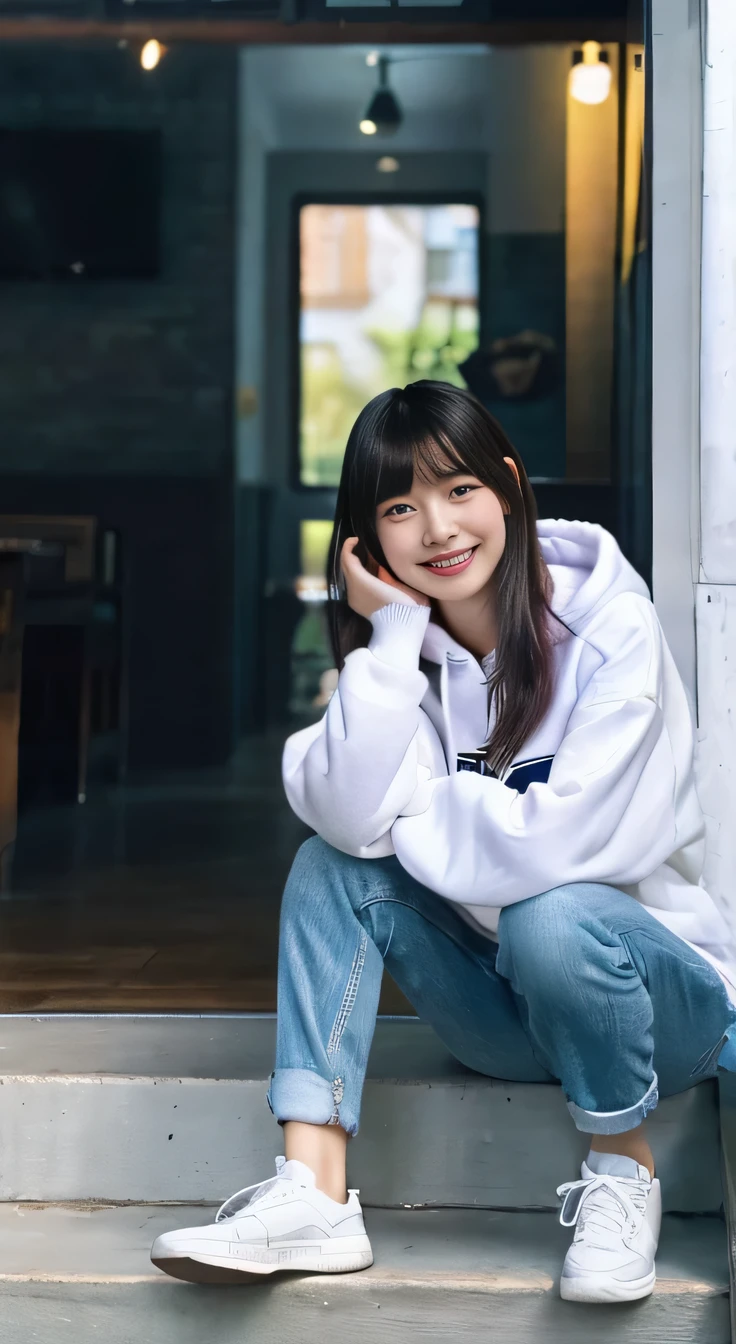 highest quality, Realistic, Very detailed, Finer details, High resolution, 8k wallpaper, One beautiful woman,Sit on the stairs、（Wear black socks）smile、（Beautiful teeth alignment、）（Gums are visible） Oversized hoodie, Skinny jeans,（ Black sneakers）、Black Hair、 Beautiful Bangs、ear piercing、Perfect dynamic composition, Beautiful and detailed, Full Body Shot, A big smile

