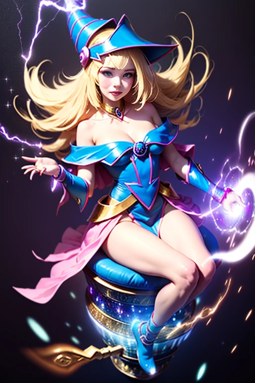 (masterpiece:1.2), (highest quality:1.2), Perfect lighting, Dark Magician Girl (Casting a Spell: 1.3), When I was in my twenties, (Floating in the air: 1.3), Visible medium breasts, Transparent neckline,  challenging. poker face,smile. From above, Sparkle, (Hands with magical effects: 1.4 )The magic is in your hands, Apocalypse Background、Blonde、Magic at your fingertips