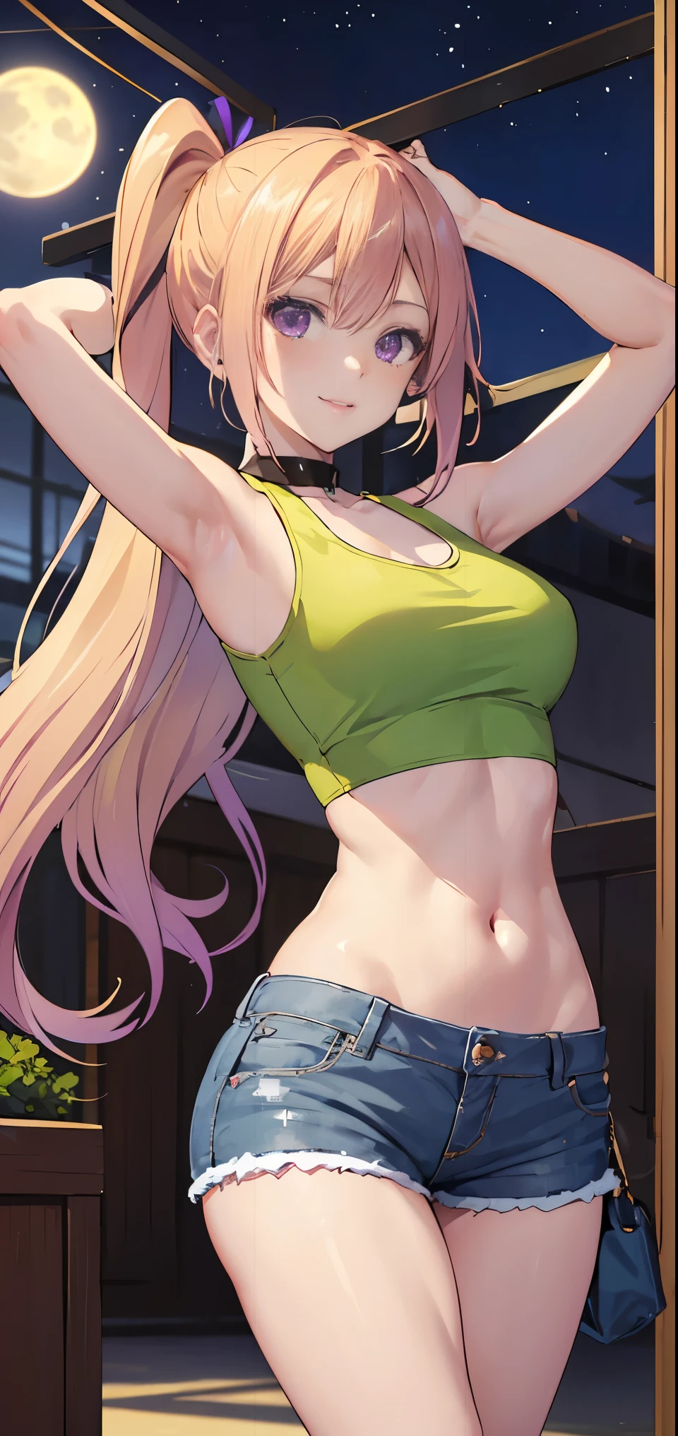 1girl, kawakami_mai, blonde hair, long hair, side ponytail, purple eyes,
BREAK (croptop, (pink croptop), short jeans, shiny legs, navel:1.2)
BREAK a sexy mature anime lady standing outside,smiling, japanese festival, night, moon, stars, looking at viewer,outdoors ,arms above head,
BREAK ((anime girl)), best quality, expressive eyes, perfect face, (masterpiece), best quality, expressive eyes, perfect face, ((best quality)), ((ultra-detailed)), ((an extremely delicate and beautiful)), perfect eyes, perfect body, ((synmetry eyes)), beautiful eyes, ((thick thighs)), shiny skin, soft skin, ((synmetry body)), ((perfect body)), 