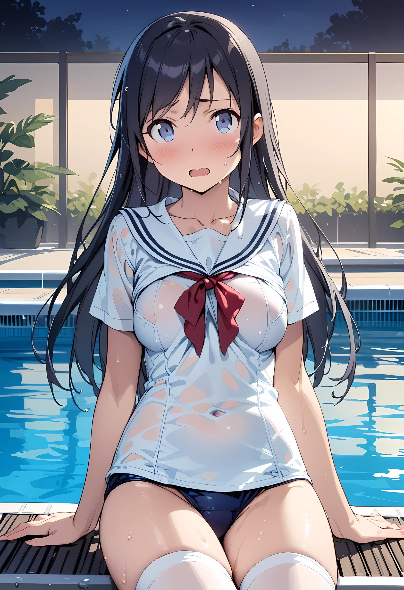 (masterpiece),(best quality),(ultra-detailed),(best illustration),(best shadow),(absurdres),(detailed background),(very aesthetic), ayase aragaki, beautiful female,, solo, long hair, black hair, open mouth, blue eyes, blush, embarrassed, white shirt, (sailor collar:1.2), (red tie:1.3), (wear white  top over school swimsuit:1.2), (shut shirt front), (white shirt covers the bosom of the swimsuit:1.1), (short sleeves:1.1), (blue one-piece swimsuit:0.7), (white thighhighs:1.2), loafers,, ((cowboy shot)), knee focus, night pool, poolside, wet body,