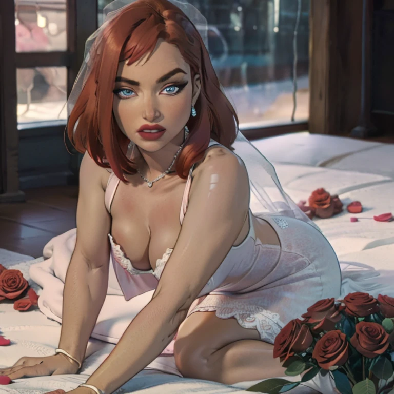 Wedding day, dreamy garden of pink flowers, bride red hair, heavy makeup, eyelashes, red lipstick, crystal blue eyes, high detail white wedding dress, sexy breasts, pink damask roses garden background, amazing sky, waiting , full body ,doggy style anal
