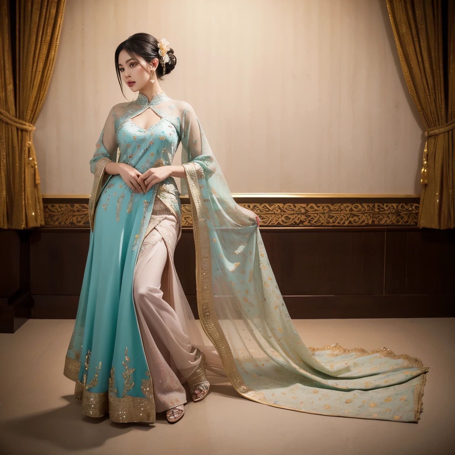 masterpiece, very realistic, very detailed, original photo, A beautiful woman (model) in modern Indonesian traditional clothing (very realistic), full body photo shoot, elegant make-up, surrounded by beautiful decorations (classic), hair styled in an updo, and patterned kebaya intricate flowers in shades of dark purple, yellow, pink, white and turquoise ((very realistic)), wearing high heels (matching the color of the kebaya) standing elegant and graceful ((very realistic)), full body shot, face facing the camera , with a very magnificent and luxurious decoration background (classic feel), oil and alcohol ink paint. full body, frontal, frog eye camera, low angel camera, facial details, finger details, very perfect and detailed fingers, clothes details, very detailed kebaya details, high heels details, very detailed descriptions, detailed backgrounds. 32K ultraHD resolution, HDR, 800mm lens, realistic, hyperrealistic, photography, professional photography, immersive photography, ultra HD, very high quality, best quality, HDR photo, focus photo, original photo, ultra sharp, nature photo, masterpiece, award winner , shot with Hasselblad x2d.
