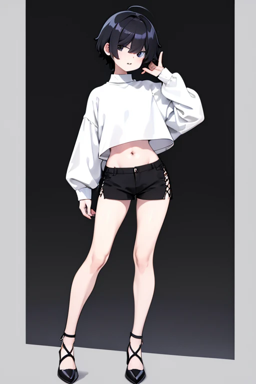 A boy with a feminine appearance and attitude wearing white heels and long black stockings with very short shorts and a white sweater high above his navel 