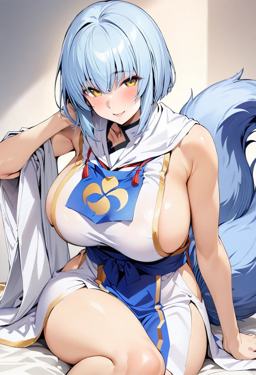 rabbit, bright white and blue fur, long white hair, stripped skin, blemished skin, Very good figure, bright tone, warm color, colorfully, work of art, super detaill, high qualiy, best qualityer, high resolution, tribal, beautiful and bright eyes, alone, beautiful and full breasts, ninja, with ninja outfit