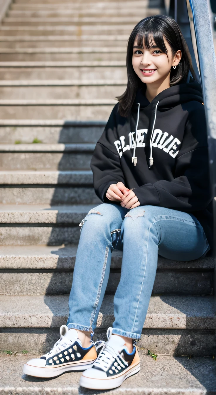 highest quality, Realistic, Very detailed, Finer details, High resolution, 8k wallpaper, One beautiful woman,Sit on the stairs、smile、、（Black socks） Oversized hoodie, Skinny jeans,（ sneakers）、Black Hair、 Beautiful Bangs、ear piercing、Perfect dynamic composition, Beautiful and detailed, Full Body Shot, A big smile waiting to start
