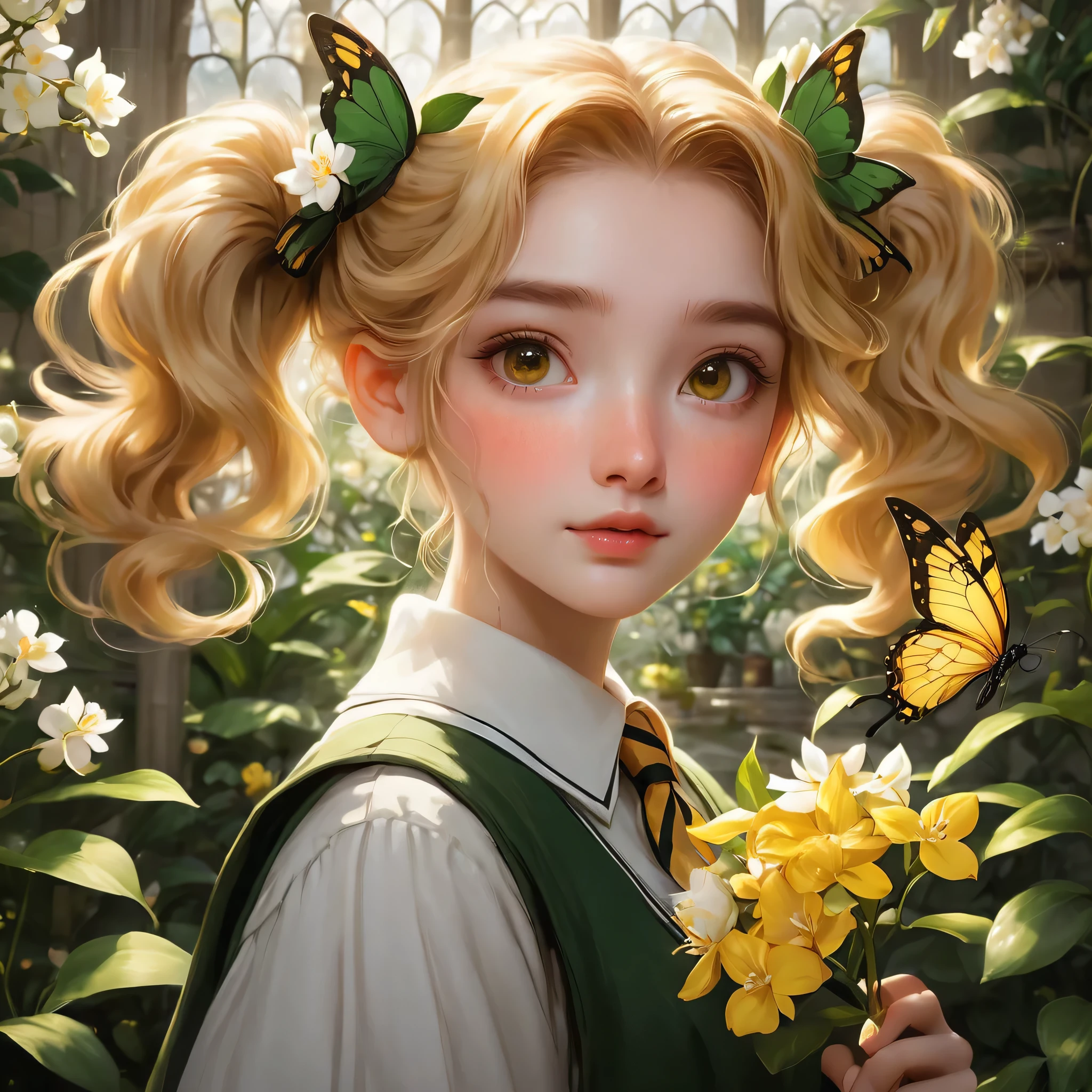 best quality, Masterpiece, Hogwarts students, Hufflepuff, I have short, raised twin tails., I have short, golden-blonde twin tails., serious, Very naughty, cute and bright, Freckles on the face, Hand holding a white jasmine flower, detailed brown eyes, detailed face, Fine skin, The background is in Hogwarts Greenhouses., soft light, mysterious,Worth discovering., soft shadow, detailed texture, dynamic light, Butterfly Fly