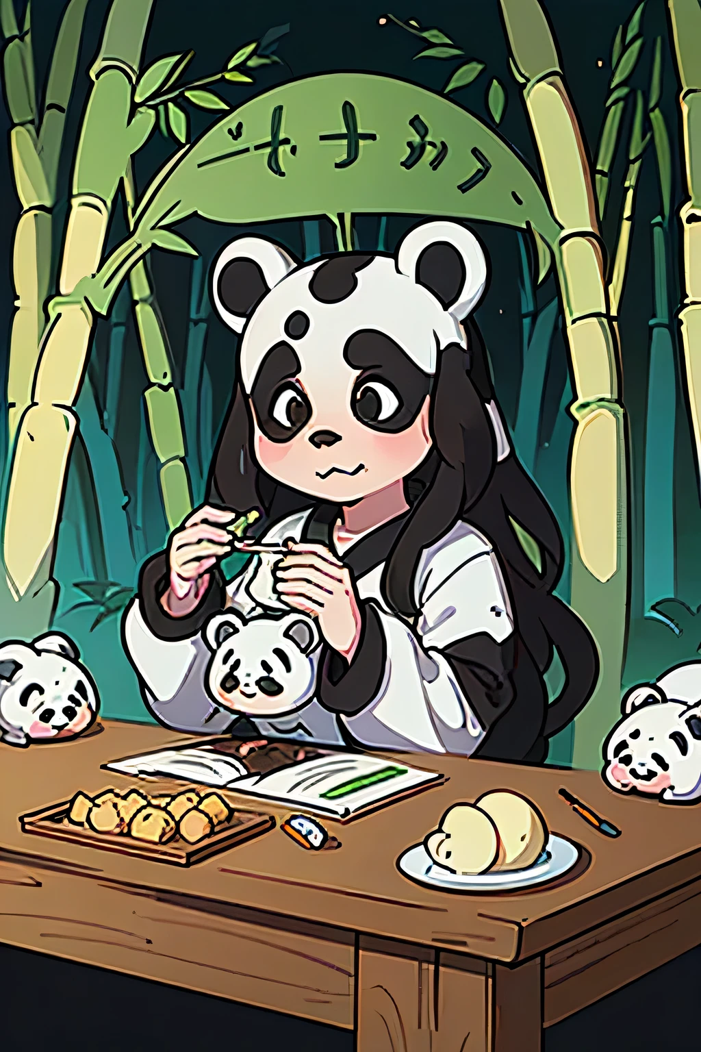 Masterpiece, coloring-book, lineart, perfect lineart, comic style, pandas bears eating bamboo in bamboo-forest, black and white