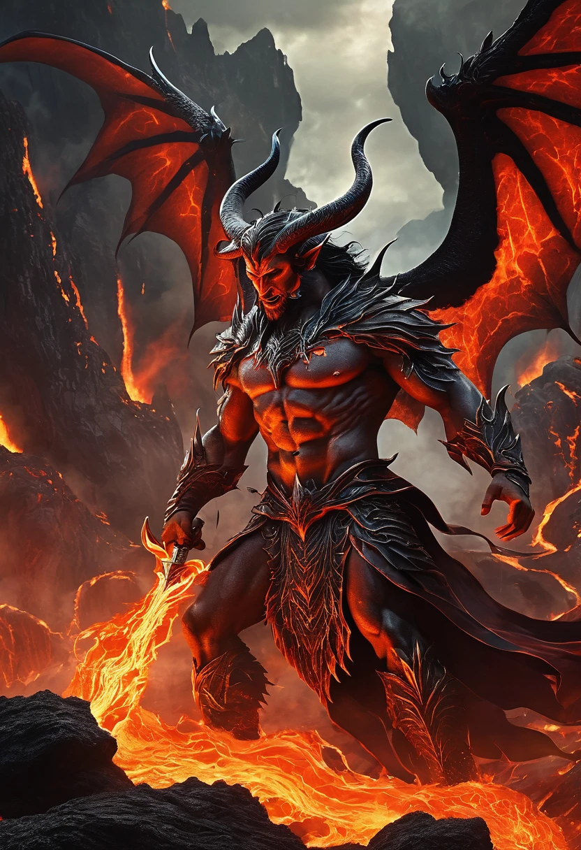 incarnation, Traditionally known as Lucifer, Rule with confidence in a hellish environment. He is surrounded by monsters.,They are his army.. Fiery cliffs and lava rivers form the backdrop, And tortured souls fill the gloomy outlook. The awe-inspiring grandeur of this hellish kingdom evokes a nightmarish epic..