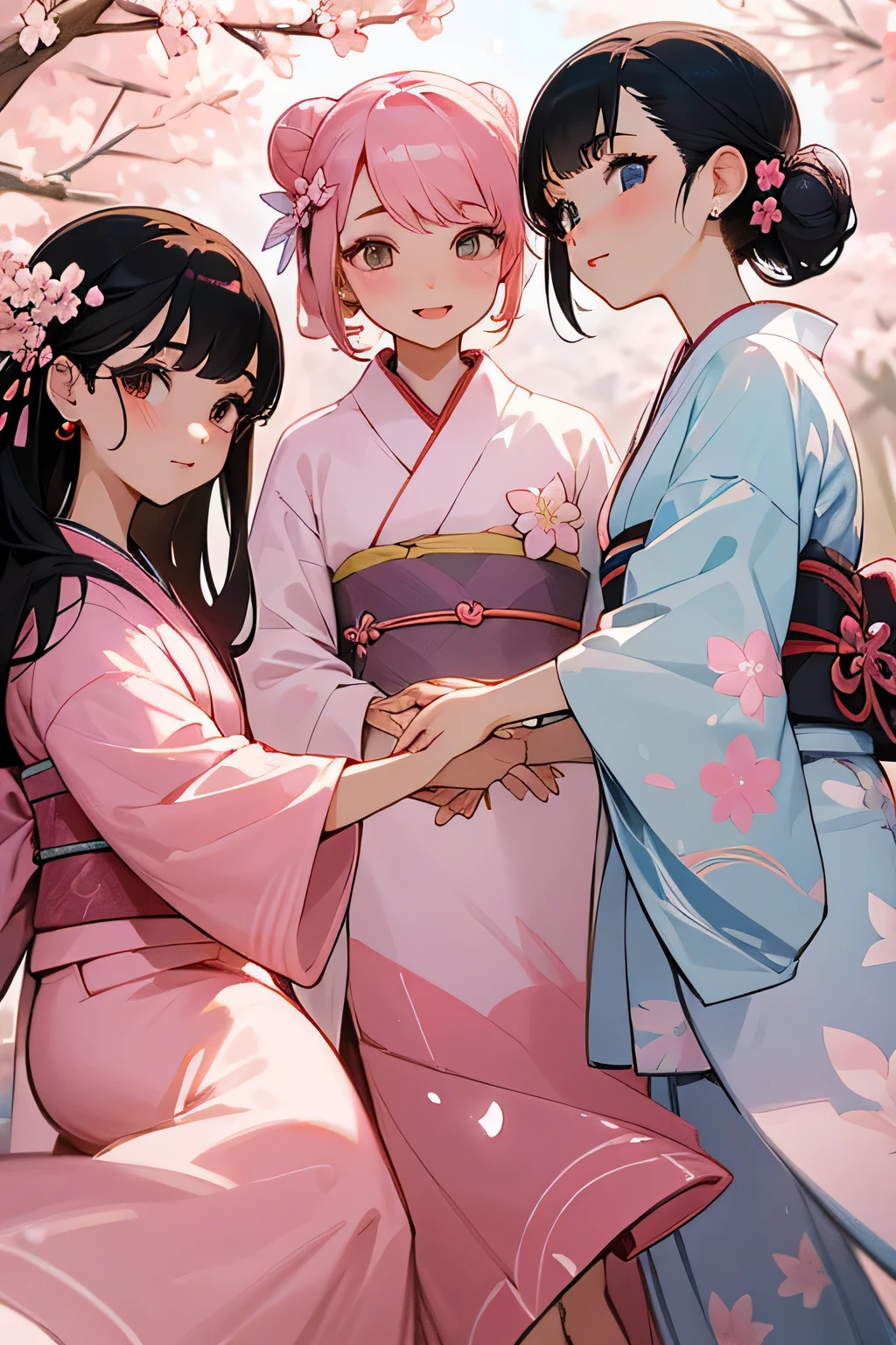 highest quality、High resolution、Detailed Background、(Beautiful face in every detail:1.4)、Anatomically correct、(Draw the usual number of fingers:1.2)、(Detailed facial expressions)、(Detailed eyes:1.2)、(Detailed eyes:1.2)、Beautiful, smooth skin、Teenage beauty、(Three Women)、(Highly detailed face:1.4)、well-groomed eyebrows、
Adult Style、Sunny outdoors、

(Three beautiful girls having fun with their friends:1.5)、

For the color of the kimono, choose soft colors such as pretty pink, pale cherry blossom, and light blue to create a girly impression.、
Cherry blossoms and plum blossoms are timeless and long-loved patterns.、Small floral patterns are recommended.、
like々To bring out your beauty, it is a good idea to choose a kimono with a bright background color and a gorgeous pattern.、

Choose the color and pattern of the obi while considering how it will coordinate with your kimono.、
To emphasize cuteness, we recommend obi in soft colors or designs with small floral patterns or ribbons.、

You can also add a cute touch to your geta.、
Choose sandals with colorful floral patterns, glitter, or ribbons to add a touch of glamour to your feet.、

Simple and elegant accessories go well with Japanese clothing.、
Wearing earrings or a necklace with a small flower motif and a thin bracelet on your wrist will make you look even cuter.、
For hair accessories, try incorporating small hairpins or kanzashi with cherry blossom or plum blossom motifs.、

Consider an updo or a bun hairstyle that matches the design of your kimono and your personality.、
You can enjoy unique styling with hair accessories and hairpins.、

Add pink or cherry blossom blush to your natural and clean base makeup.、
Use soft colored eyeshadows to add a touch of glamour to your eyes.、
For your lips, choose a pale pink or cherry blossom color to make yourself look even cuter.