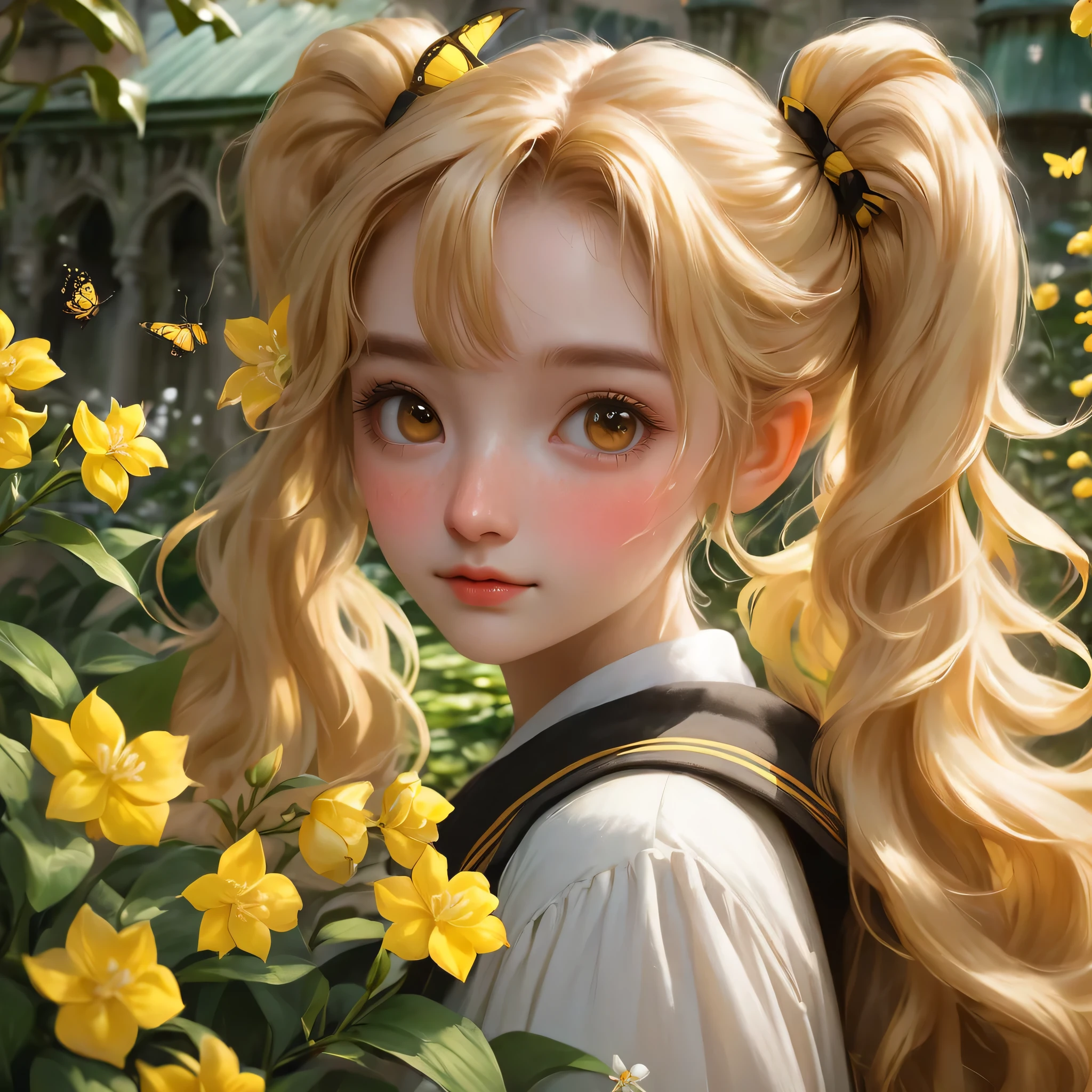 best quality, Masterpiece, Hogwarts students, Hufflepuff, I have short, raised twin tails., I have short, golden-blonde twin tails., serious, Very naughty, cute and bright, Freckles on the face, Hand holding a white jasmine flower, detailed brown eyes, detailed face, Fine skin, The background is in Hogwarts Greenhouses., soft light, mysterious,Worth discovering., soft shadow, detailed texture, dynamic light, Butterfly Fly