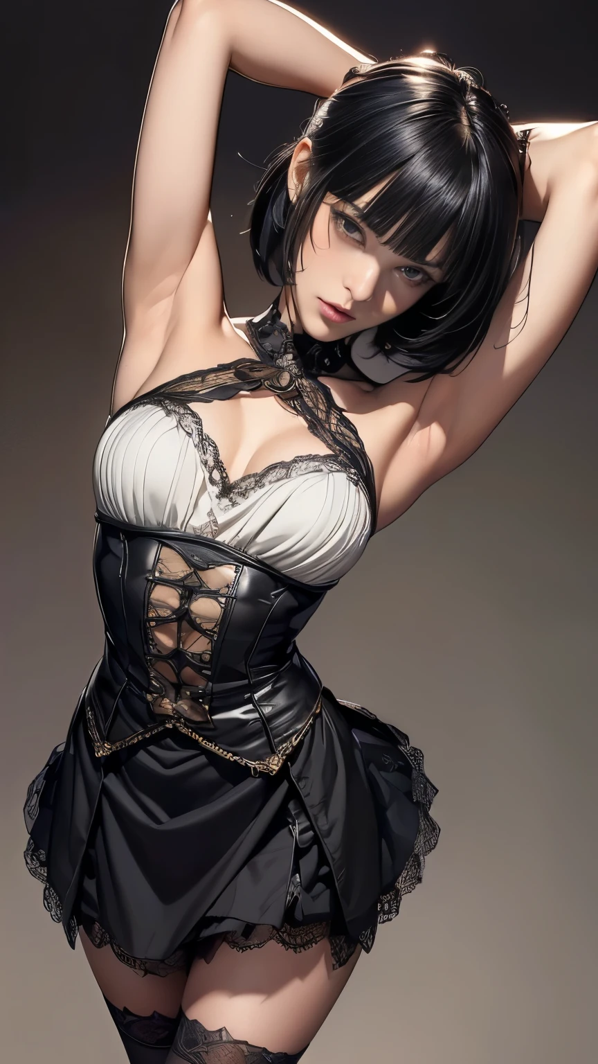 (((masterpiece, best quality, Super detailed))), 1 female, (((Very thin body))) , (((length, Thin legs))), (((Black Short Bob, Thick shaggy bangs ))), (((The face is rich in detail))), no cosmetics, Small and thin nose, Thin mouth and small lips, (((Eyes are very sharp))), Slender light grey eyes,Differs greatly, sparkle like a gem, length eyelashes, ((Highly decorative and complex mechanical steampunk fashion, Lace flared mini skirt, Above the knee lace stockings, Lace Off Shoulder ta Fashion, Over-embellished fashion)), Abandoned Night, Complex mechanized steampunk factory on fire、explode, (((Overall accuracy significantly improved, creating a Super detailed and realistic image))), Surreal photos., ((15-yim, Thin waist, Thin thighs, Thin arms)), ((Raise your arms, Please show me your armpits))