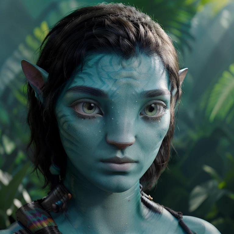 avatar style, (face portrait:1.6), naavi, 1boy, male, (green eyes), (big eyes), ((eyebrowless)), pointy ears, (turquoise skin tone:1.0), (wavy hair:1.0), black hair color, ((short fluffy hair)), (young adult), 18 years old, face wrinkles, wearing colorful tribal clothing, (wearing tribal acessories), detailed eyes, toned body, muscled body, vibrant colors, glowing, ethereal atmosphere, surrealistic dreamy lighting, textured skin, otherworldly beauty, mesmerizing photography, (best quality, highres), vivid colors, ultrarealistic, skin details, striped skin, sfw, face close-up:0.5, ultradetailed body, ((turquoise skin)), AvTsireya, mackenyu