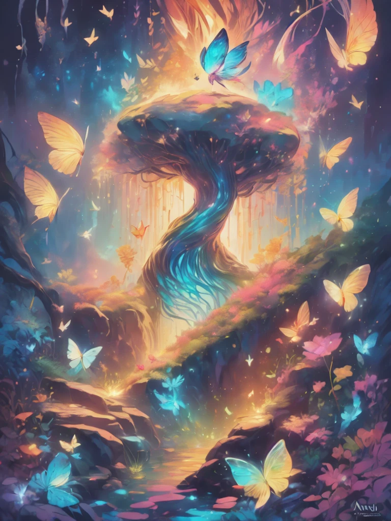 (((masterpiece))), (((ornate))), (((best quality))), ((ultra-detailed)), (highly detailed CG illustration), ((an extremely delicate and beautiful)), cinematic light. Create a stunning fantasy artwork that mimics the style of currently trending masters of the genre. The art piece should contain rich and ornate elements of both mythic fantasy and fairytale fantasy with colorful rainbow accents and dark jewel-toned hues. ((Utilize the rainbow as the main color scheme.)) The character in the artwork is a delicate but strong figure with an aura of mystery and magic. Pay close attention to intricate facial features, such as mesmerizing eyes with vibrant colors and bold shading. The character's clothing should be designed with gossamer feathers, silk, stunning embroidery, and subtle iridescent details. Incorporate (((translucent iridescent rainbows))), dreamy colors, dynamic lighting, and detailed background elements to create a sense of awe and immersion. ((Include colorful flying magical birds and jewel-toned rainbow butterflies radiating a magical aura.)) Consider the latest trends in fantasy art, such as incorporating unique lighting effects, exploring dynamic and compelling composition techniques, and experimenting with unique color palettes. Take inspiration from the top artists on ArtStation and Midjourney. Camera: Choose an angle that highlights the character's beauty and enhances the magical majesty of the artwork. Lighting: Utilize atmospheric lighting techniques to create depth and mood. Resolution: Aim for a high-resolution artwork to showcase intricate details and clarity. Art Inspirations: Seek inspiration from the trending artists on ArtStation, exploring different styles, genres, and themes.