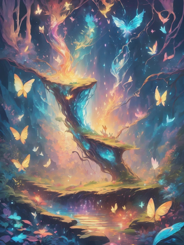 (((masterpiece))), (((ornate))), (((best quality))), ((ultra-detailed)), (highly detailed CG illustration), ((an extremely delicate and beautiful)), cinematic light. Create a stunning fantasy artwork that mimics the style of currently trending masters of the genre. The art piece should contain rich and ornate elements of both mythic fantasy and fairytale fantasy with colorful rainbow accents and dark jewel-toned hues. ((Utilize the rainbow as the main color scheme.)) The character in the artwork is a delicate but strong figure with an aura of mystery and magic. Pay close attention to intricate facial features, such as mesmerizing eyes with vibrant colors and bold shading. The character's clothing should be designed with gossamer feathers, silk, stunning embroidery, and subtle iridescent details. Incorporate (((translucent iridescent rainbows))), dreamy colors, dynamic lighting, and detailed background elements to create a sense of awe and immersion. ((Include colorful flying magical birds and jewel-toned rainbow butterflies radiating a magical aura.)) Consider the latest trends in fantasy art, such as incorporating unique lighting effects, exploring dynamic and compelling composition techniques, and experimenting with unique color palettes. Take inspiration from the top artists on ArtStation and Midjourney. Camera: Choose an angle that highlights the character's beauty and enhances the magical majesty of the artwork. Lighting: Utilize atmospheric lighting techniques to create depth and mood. Resolution: Aim for a high-resolution artwork to showcase intricate details and clarity. Art Inspirations: Seek inspiration from the trending artists on ArtStation, exploring different styles, genres, and themes.