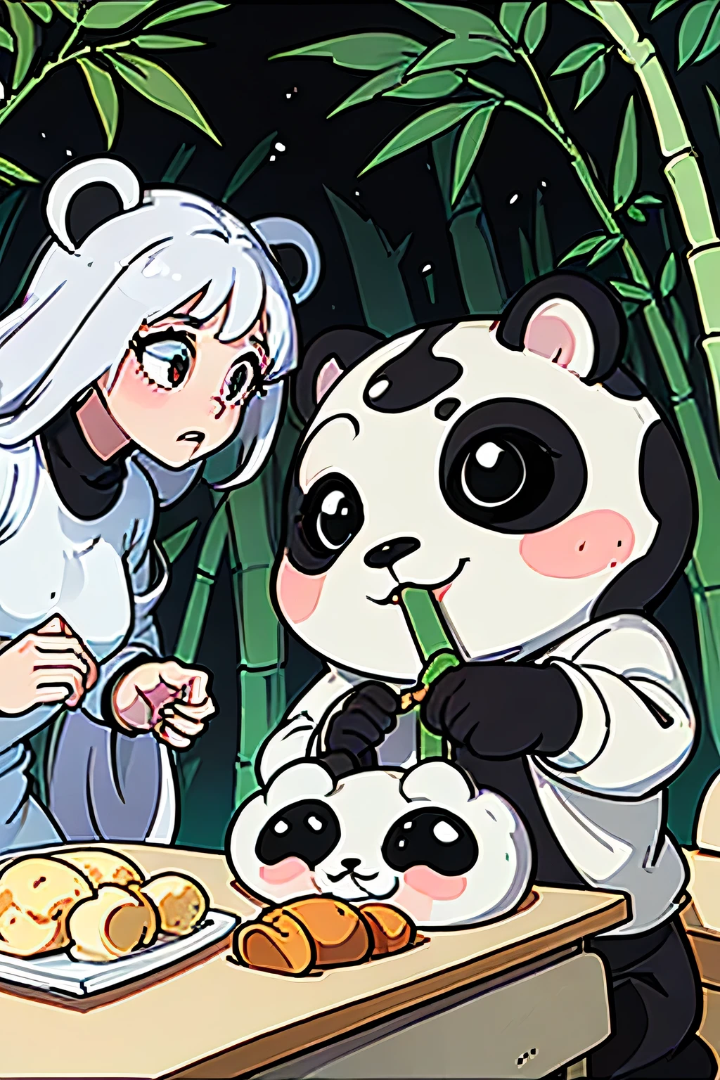 Masterpiece, coloring-book, lineart, perfect lineart, comic style, pandas bears eating bamboo in bamboo-forest, black and white