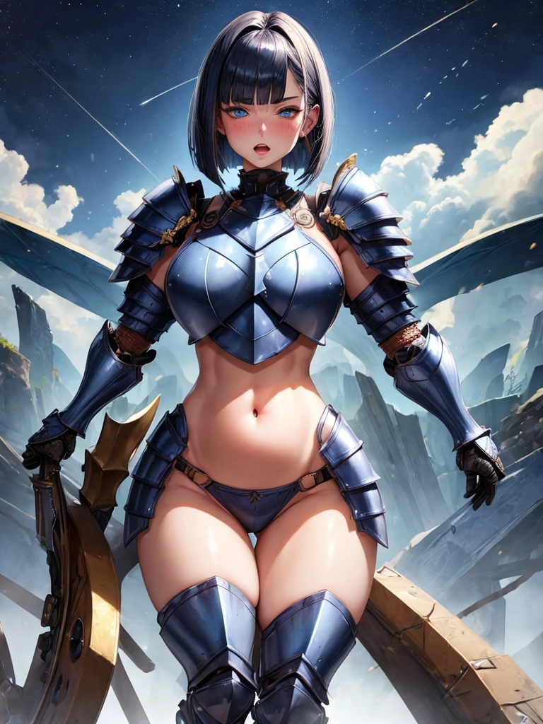 full body,masterpiece, high details, high quality, best quality, anatomically correct, masterpiece, textured skin, super detail,ultra-detailed, best quality, extremely detailed, 8k, high res, realistic, 1girl, 18yo, beautiful girl, (half closed eyes),(narrowed eyes:1.2),(open mouth), (blush:1.2),BREAK,(armor,navel exposed:1.8),blue beautiful eyes, (dark blue medium bob hair,asymmetrical parted bangs:1.6),BREAK,(voluptuous bust:1.5),(Gaunt , thin waist:1.3),white background,