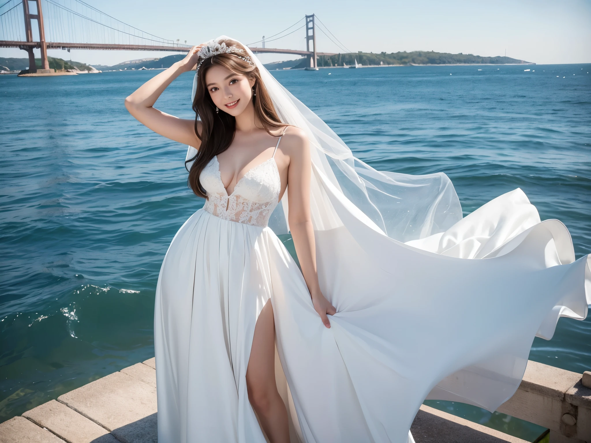 A woman with a beautiful and well-proportioned face 

hair waving in the wind 

(brown hair) 

calm smile 

G cup breasts 

wearing a wedding dress 

(white prom dress) 

(There's a white wedding veil on my head) 

There is a big and long bridge 

The blue sea spreads under the bridge 

a car is passing 

japanese woman 

