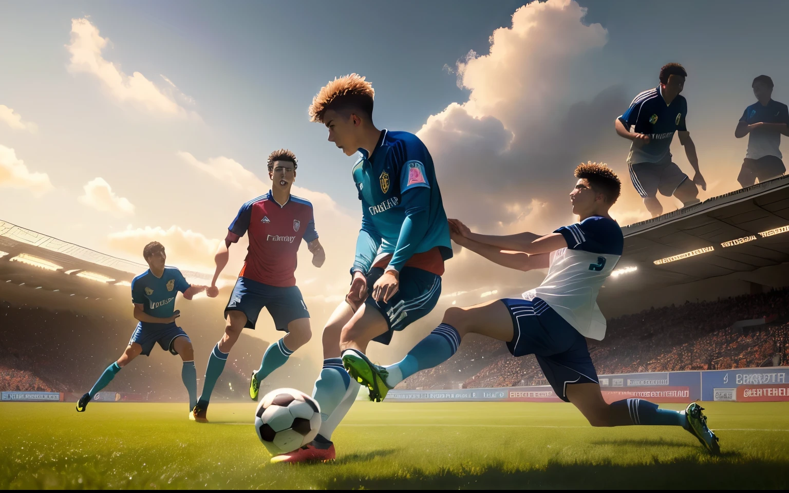 soccer players in action on a soccer field during a game, stunning visual, joel torres, full colour, thumbnail, stunning photo, adam varga, inspired by Jules Tavernier, crisp and sharp, flowers around, rectangle, composite, square, version 3, tom bangshaw, highlights, medium level shot, profile pic, emma, title, a wide full shot