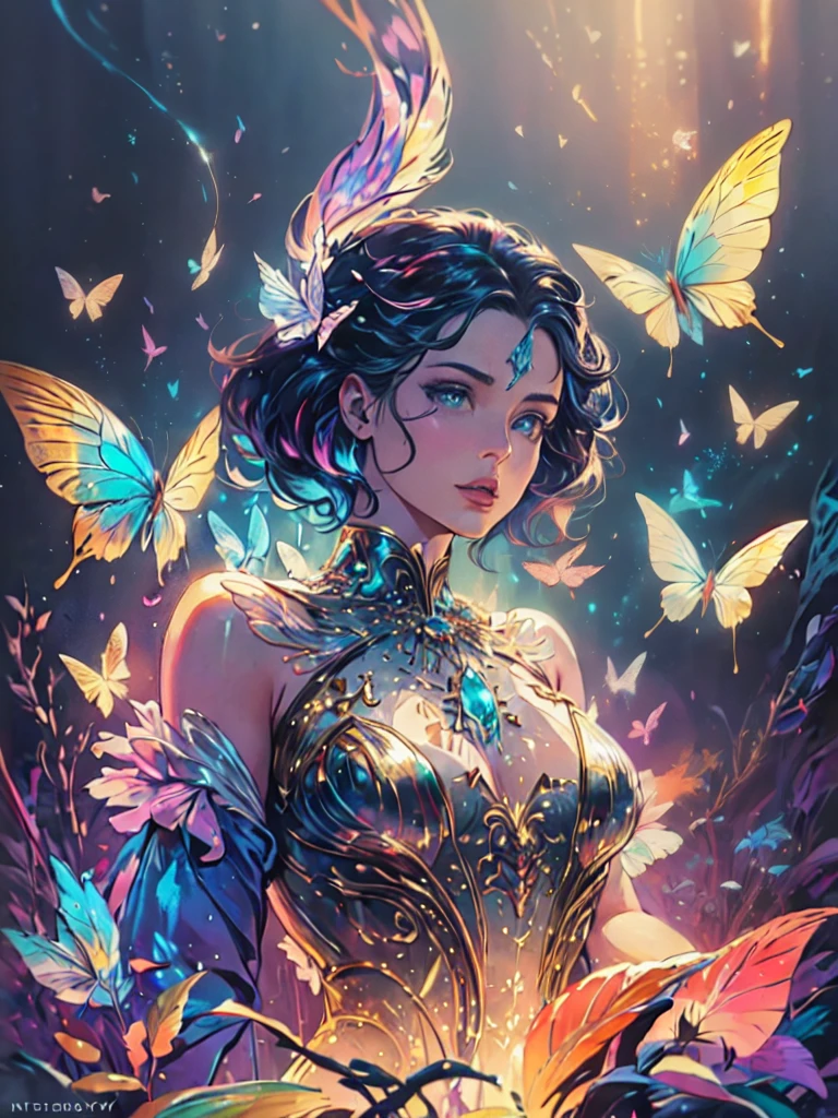 Beautiful dark haired woman covered entirely by millions of Monarch orange black and red butterflies like a second skin a gossamer dress that is almost part of her, covered in butterflies, as if they are coming out of her chest her heart, dappled sun beams through the pine fir forest, hyperdetailed, 64k resolution, Kodak resampled film grain,(((naturally interacting with the environment:1.5))),(((seamless:1.5))),((strong environmental light)),((hard shadows)),(merge realms of the extreme punk in a tapestry of dualities),enigmatic beings with ethereal silhouettes,digital dreamscape.Illuminate the scene with the pulse of a celestial bloom,(casting hues that bridge both cosmic and cybernetic realms).(Blend brushstrokes harmoniously),fusing elements of traditional artistry with glitched fragments of a pixelated mosaic.Embrace asymmetry,where the organic and the synthetic collide in a dynamic composition.(Infuse a shifting timeless vibrant palette).Integrate augmented reality surprises.