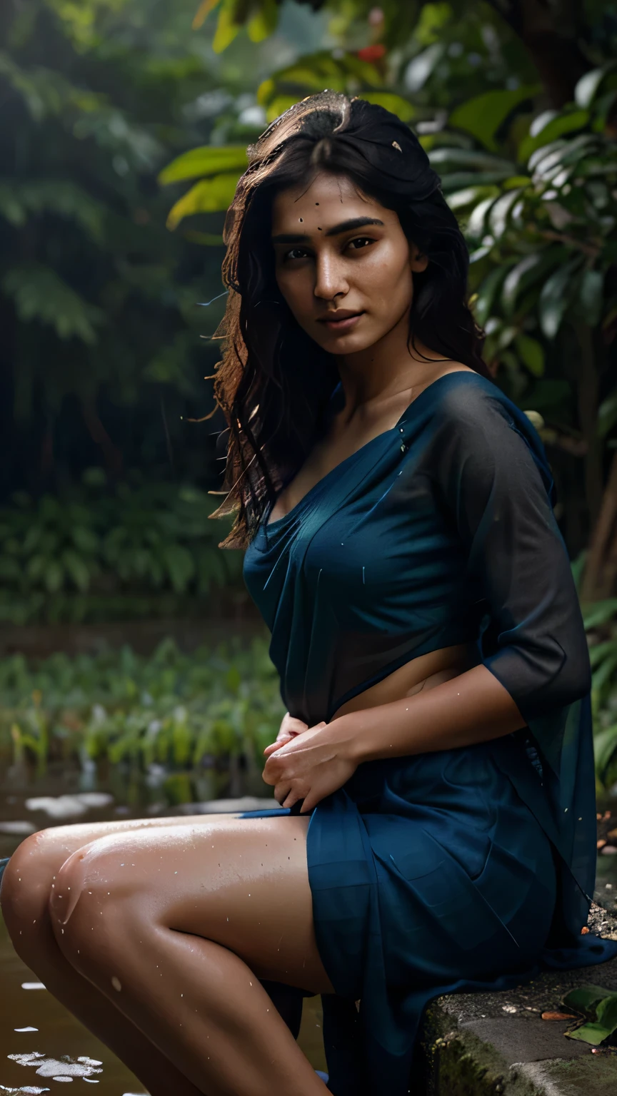 (editorial photograph of a 20 years old indian womann), (highly detailed face:1.4) (smile:0.7) (background inside dark, moody, private study:1.3) POV, by lee jeffries, nikon d850, film stock photograph ,4 kodak portra 400 ,camera f1.6 lens ,rich colors ,hyper realistic ,lifelike texture, dramatic lighting , cinestill 800, nature, sitting under a tree, heavy rain, wearing saree, wet clothes, clear skin, hyperrealistic, photoshoot in forest