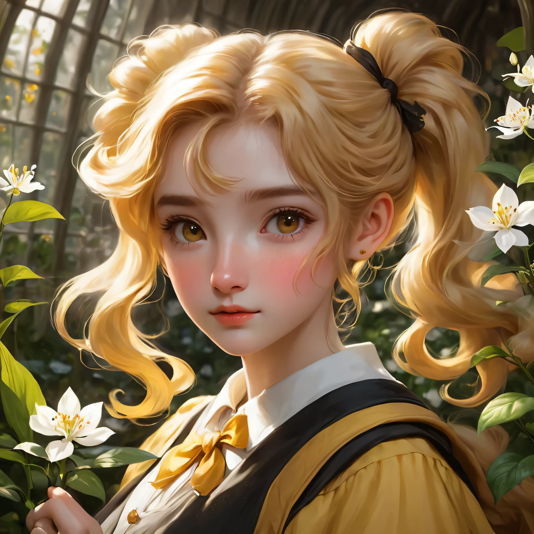 best quality, Masterpiece, Hogwarts students, Hufflepuff, I have short, raised twin tails., I have short, golden-blonde twin tails., serious, Very naughty, cute and bright, Freckles on the face, Hand holding a white jasmine flower, detailed brown eyes, detailed face, Fine skin, The background is in Hogwarts Greenhouses., soft light, mysterious,Worth discovering., soft shadow, detailed texture, dynamic light, butterflies flying around