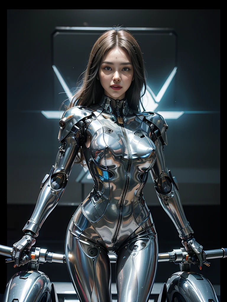 ((highest quality)), ((masterpiece)), ((Perfect Face))、((Detailed Motorcycle))、Detailed and clear photos、((Cyborg Woman))、((Cyborg riding sexy metal jacket and leather pants))、((Riding on motorcycle))、((cybernetics))、Slender body、((Woman with a mechanical body))、Communication Headset、(((Steel Fingers)))、(((The body is mechanized)))、Full Body Shot、The background is a futuristic city、smile、(Big eyes and a beautiful face),(Sexy Cyber Suit That Reveals Skin)、Sexy pose、(Teeth clean、自然なsmile)
