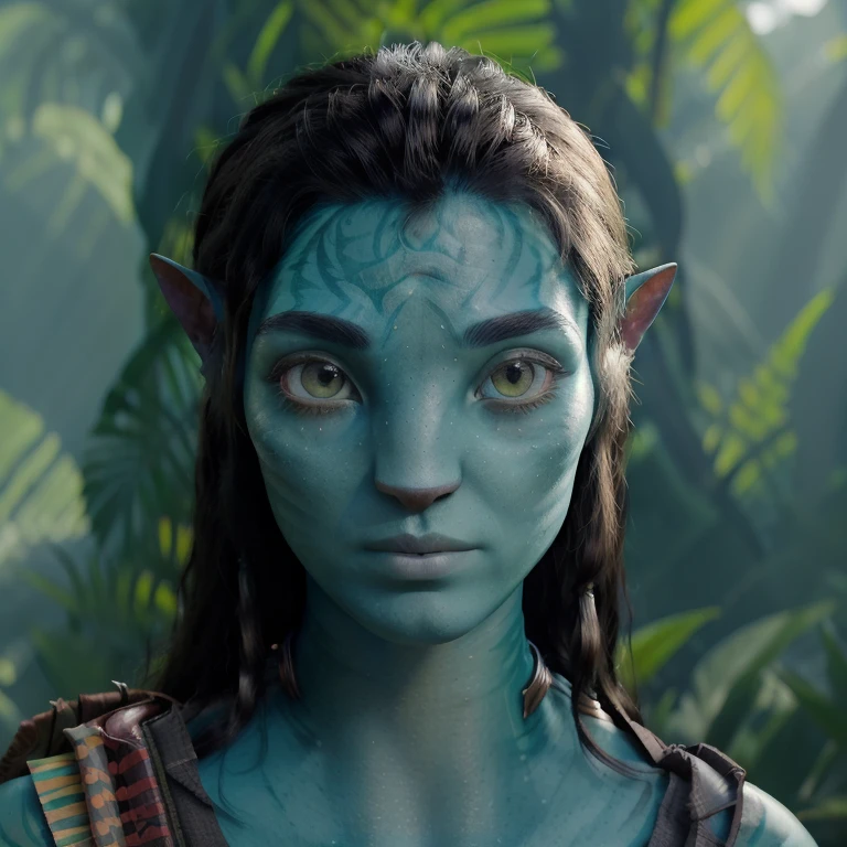 avatar style, (face portrait:1.6), naavi, 1boy, male, (green eyes), (big eyes), ((eyebrowless)), pointy ears, (turquoise skin tone:1.0), (curly hair:1.0), black hair color, ((long hair)), some small brauds, (young adult), 18 years old, face wrinkles, wearing colorful tribal clothing, (wearing tribal acessories), detailed eyes, toned body, muscled body, vibrant colors, glowing, ethereal atmosphere, surrealistic dreamy lighting, textured skin, otherworldly beauty, mesmerizing photography, (best quality, highres), vivid colors, ultrarealistic, skin details, striped skin, sfw, face close-up:0.5, ultradetailed body, ((turquoise skin)), AvTsireya, mackenyu