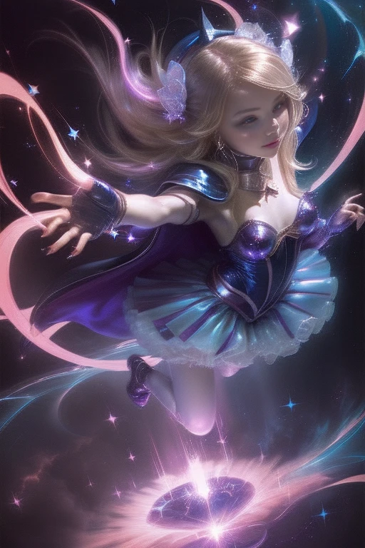 (masterpiece:1.2), (highest quality:1.2), Perfect lighting, Dark Magician Girl (Casting a Spell: 1.3), When I was in my twenties, (Floating in the air: 1.3), Visible medium breasts, Transparent neckline, challenging. poker face,smile. From above, Sparkle, (Hands with magical effects: 1.4 )The magic is in your hands, Apocalypse Background、Blonde、Magic at your fingertips