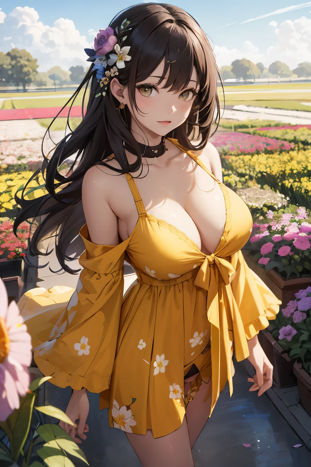masterpiece、Background with((kosmoeteors、black hole、Flowers are glowing all over the fantastic flower field))、About 30 years old、a beauty girl、glamor、huge ti so big that it almost overflows from your clothes、Great embroidery on a yellow mini dress with a lot of exposed skin、No Shoulder、Exposing the chest、Taking it off、She wears her hair in a beautiful floral ornament、heavy wind、pantiy、Underwear is visible