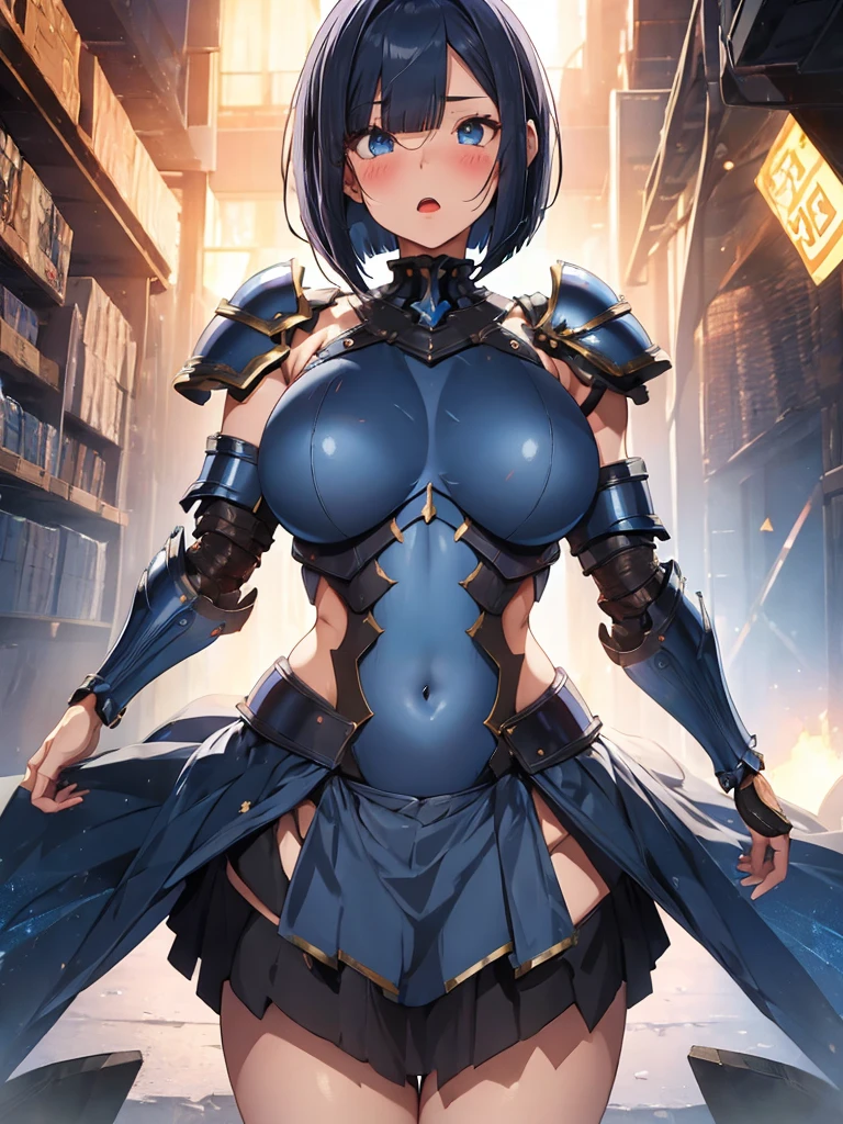 full body,masterpiece, high details, high quality, best quality, anatomically correct, masterpiece, textured skin, super detail,ultra-detailed, best quality, extremely detailed, 8k, high res, realistic, 1girl, 18yo, beautiful girl, (half closed eyes),(narrowed eyes:1.2),(open mouth), (blush:1.2),BREAK,(armor,navel exposed:1.8),blue beautiful eyes, (dark blue medium bob hair,asymmetrical parted bangs:1.6),BREAK,(voluptuous bust:1.5),(Gaunt , thin waist:1.3),white background,