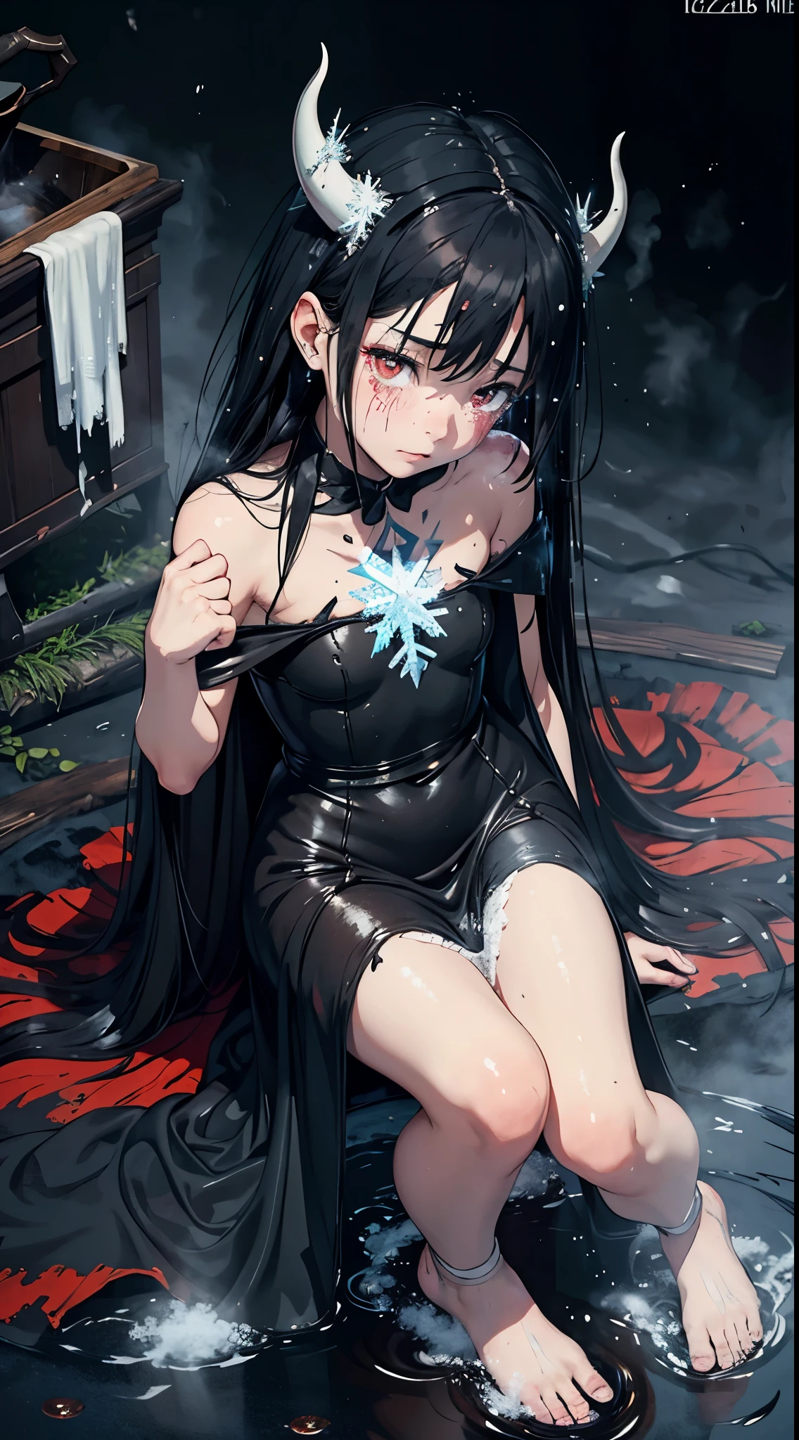 masterpiece, 1girl, a girl, with long black messy hair, ((strange scar on face:1)), cute face, deep black eyes, (horned:0.85), stand on snow, barefoot, ragsy cloth, ((crying face)), forest background, broken exposition, focus on face, erasing tears, red lush face, (steam frozen effect:1.5),Comics,fantasia,sfw,super heroinas,onis