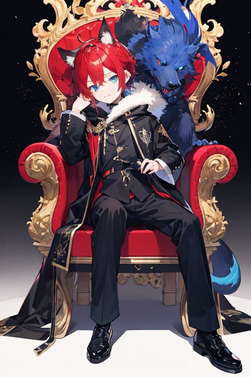 (1boy), (Shota), (HD quality, masterpiece level), cute character, dark black &red hair, blue shiny detailed eyes with white pupils, one tail, little boy, (ears covered with hair), bunch of blue bangs, full body shot,wearing black shoe, sitting on throne, throne was made of gold having dragon design on it,from behind the throne there was a big blackwolf , having fur color  black and dark red,  blackwolf eyes pupil was rainbow in color,seeing in front,boy have chubby face, happy, cute face, solo, lighted hall