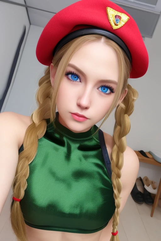 Cammy,Blonde,blue eyes,Long twin braids, Green leotard,Chest Harness,boots,Little red beret,No sleeve, Are standing,Upper Body, night, (Very detailed, Beautifully detailed face, masterpiece, highest quality), looking at viewer, 