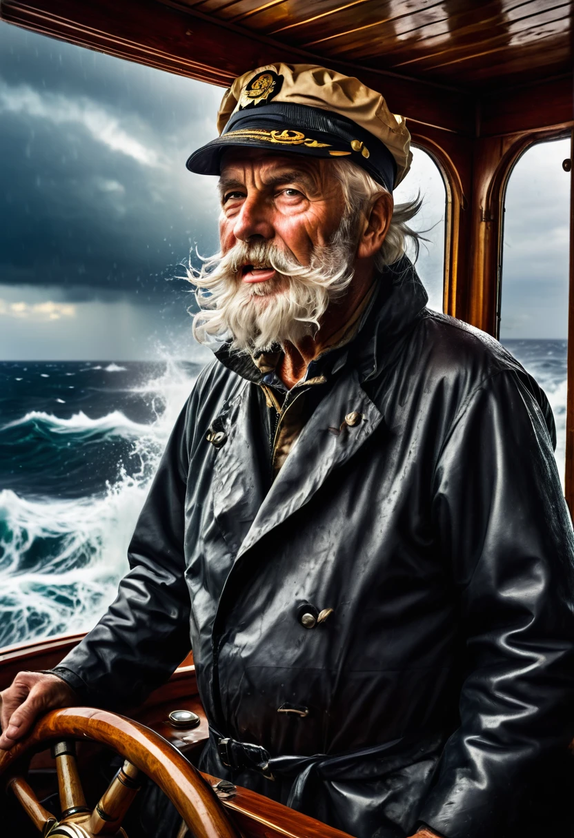 ((an old fisherman with white hair and a white beard, standing at the helm in the wheelhouse of his pilothouse boat and steering it through the rough stormy sea)), (Rain lashes against Pilothouse Window:1,2), heavily tanned face, deep facial wrinkles, he is wearing a fisherman's cap and has a tobacco pipe in his mouth from which smoke is rising, huge waves, rough waves, God's rays, foaming water, dramatic light, ray tracing,