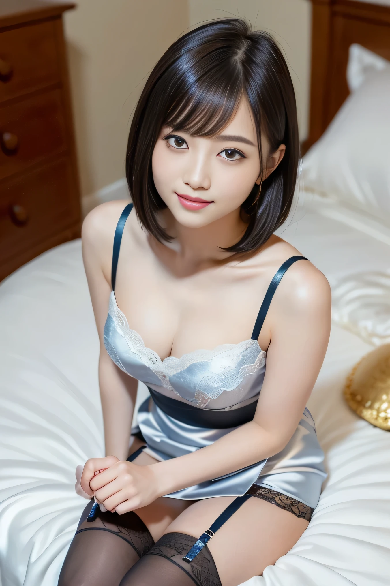 (highest quality:1.5)、(Real:1.5)、(1 person:1.5)、Wearing a dress and looking up at the camera、Oblique angle from above、(Very detailed)、(High resolution)、8k、Small breasts、Natural color lip、Cute smile、Japanese women、20 year old girl、Thin eyebrows、Beautiful and elegant face、Cute face、Cute eyes、Large, balanced eyes、Big Eyes、Fair skin、Beautiful and elegant face、Natural Bangs、Beautiful and thin nose、 Beautiful Skin、Glowing Skin、Shiny hair quality、Medium Bob Hair、Natural Bangs、Perfect and beautiful facial features、Slim face and figure、(Looking at the camera with a sweet expression)、(Bright lighting)、Professional Lighting、(Lighting from the front)、Adorable smile、cute、Slim Body、Simple Background、((Sitting on the bed, looking up))、((Wearing a silk lace slender micro mini skirt dress with dark colored garter belt and knee high stockings))、Beautiful cleavage、