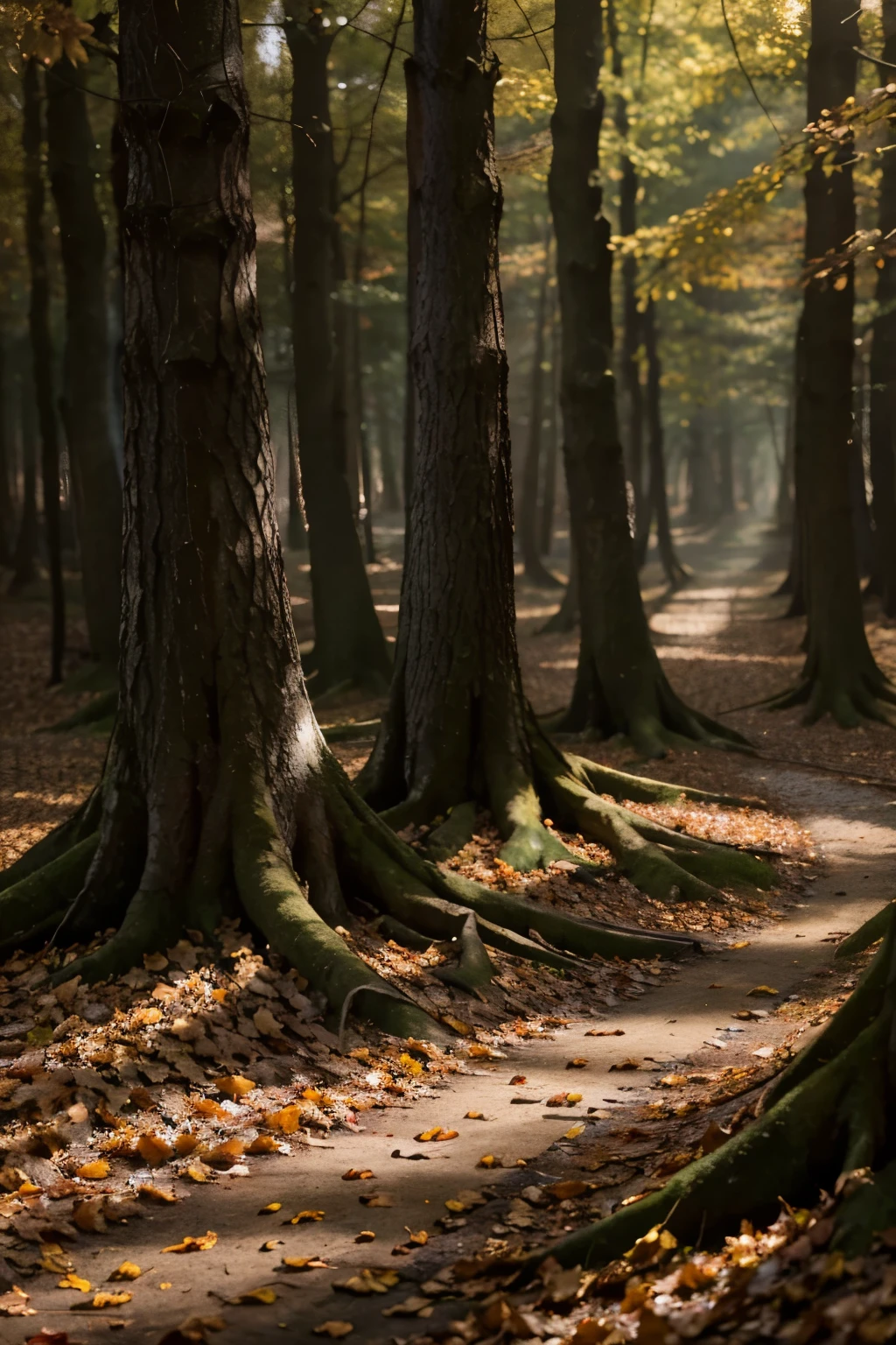 forest in late autumn, fallen leaves, sunlight penetrating through the dense crowns of trees, peaceful environment, high-quality photorealistic image, 8K, high detail, perfect accuracy, perfect composition, Elegant and charming, realistic style, warm colors, soft shadows, clear details, HD quality, higher lighting style