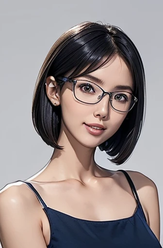 (masterpiece), (8k, best quality, high resolution), (ultra-detailed, realistic), (anatomically correct),  
((Portrait)), (Standing), (No background),
(1woman),  (looking at viewer), 
(A Japanese woman, 30 years old and 155cm tall.), 
(black hair), (straight hair), (short hair style), (bob cut), (hair behind ears), 
(wear glasses), ((black cell frame glasses)), 
((Wear a navy blue sleeveless dress)), ((Mini length dress with a simple design and minimal decoration)), 
(Wear navy blue ankle strap pumps), 
(Create a detailed image of the eye), 
(Her impression is pure, clean and kind.), 
((A captivating smile, just showing a few teeth.)), 　 
