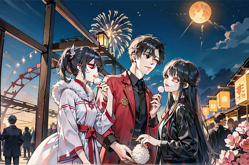 Lantern Festival,Crowded streets,Lots of vendors selling snacks,From heaven,Many Lanterns,The moon is big,,Eat rice balls,There are fireworks,Small characters,Be smiling