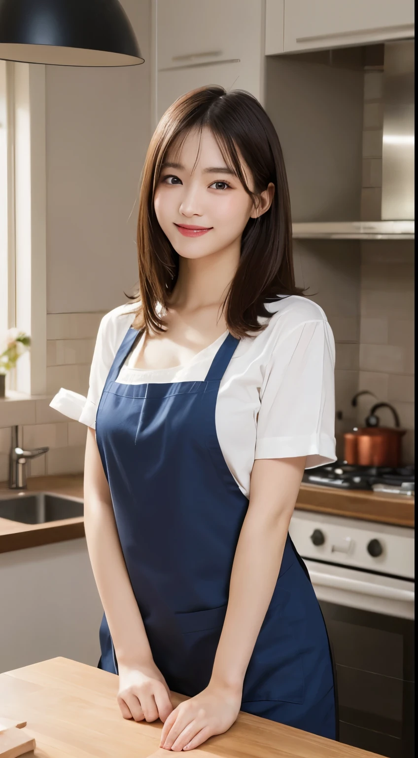 Tabletop, highest quality, figure, Very detailed, In detail, High resolution, 8k wallpaper, Perfect dynamic composition, Beautiful fine details, Naked Apron,Medium Hair, Center of chest, Natural color lip, Random sexy poses,smile,Tower apartment,kitchen,cute,