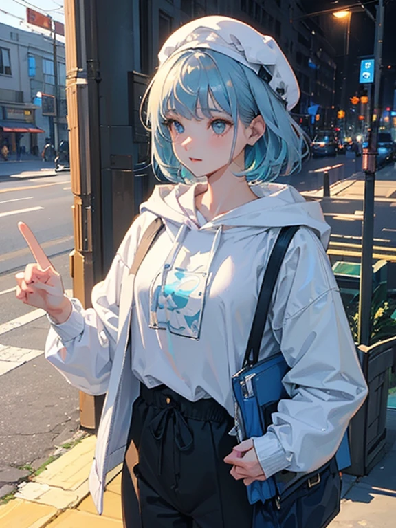 (highest quality, masterpiece: 1.2), Super detailed, highest quality, Ultra-high resolution, Professional Lighting, Photon Mapping, Physically Based Rendering, Cinema Lighting, Depth of written boundary, focus on, Light of the sun, Good composition, (Bokeh: 1.2), 1 girl, (whole body), Aqua Eyes, Pause, Silver Hair, short hair, Girl wearing a large black hoodie,Waterfront,hand {refer tos} cute {refer to} hand,Walking Outside,turn around,back,Pants Style,Girl in cap,cool,tall,comics,Sketch,Line art,Dense and delicate,casual