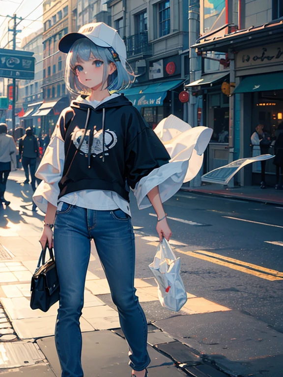 (highest quality, masterpiece: 1.2), Super detailed, highest quality, Ultra-high resolution, Professional Lighting, Photon Mapping, Physically Based Rendering, Cinema Lighting, Depth of written boundary, focus on, Light of the sun, Good composition, (Bokeh: 1.2), 1 girl, (whole body), Aqua Eyes, Pause, Silver Hair, short hair, Girl wearing a large black hoodie,Waterfront,hand {refer tos} cute {refer to} hand,Walking Outside,turn around,back,Pants Style,Girl in cap,cool,tall,comics,Sketch,Line art,Dense and delicate,casual
