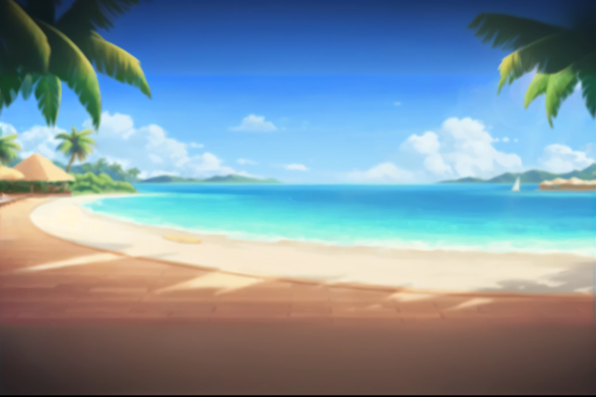 there is a picture of a beach with a palm tree and a boat, beach background, seaside backgroud, anime background, volley court background, breezy background, ocean in the background, island background, some background blur, anime background art, sea in the background, highschool background, sunny day at beach, ocean background, beach landscape, beach in the foreground