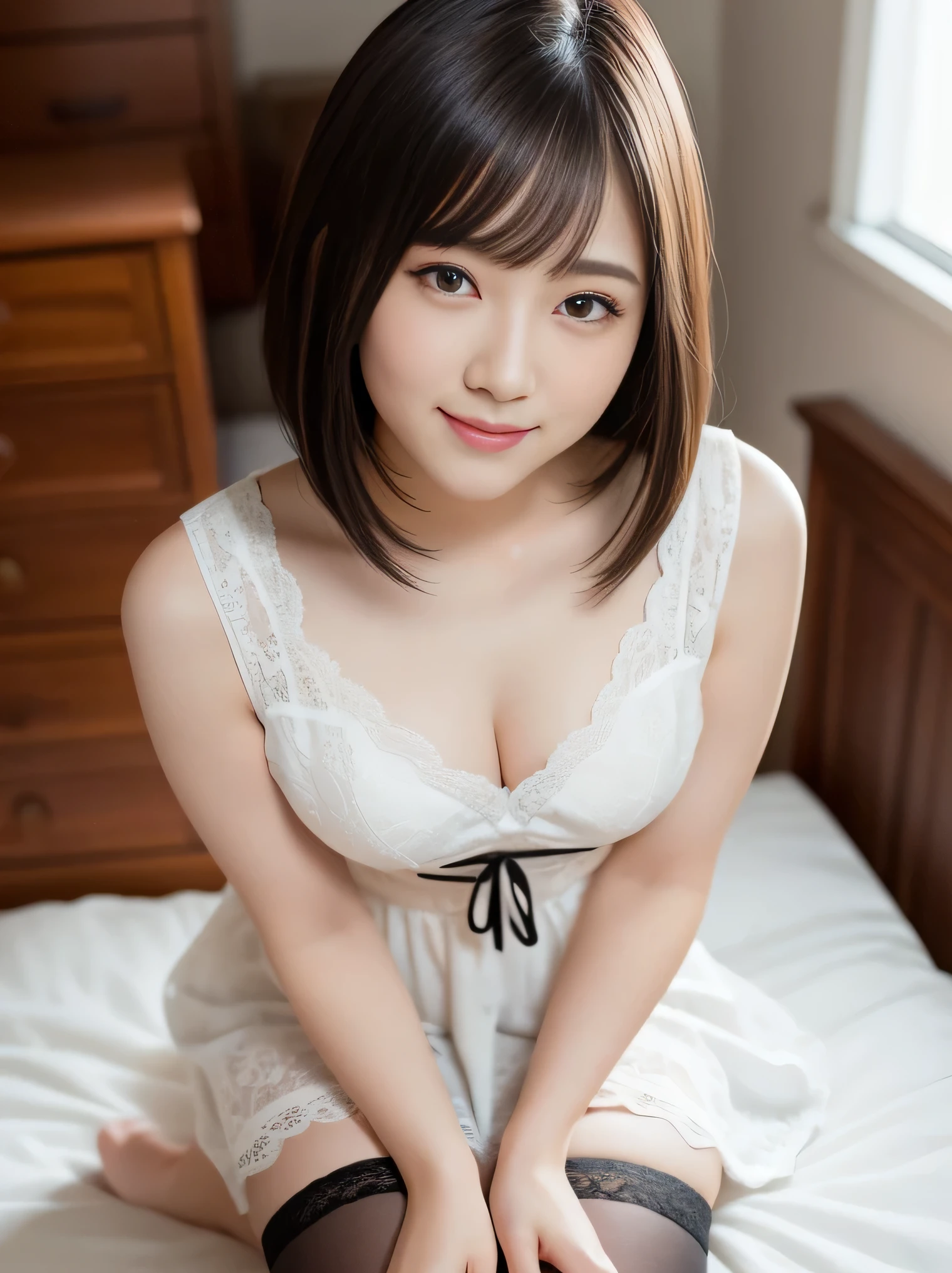 (highest quality:1.5)、(Real:1.5)、(1 person:1.5)、Wearing a dress and looking up at the camera、Angle from above、(Very detailed)、(High resolution)、8k、Small breasts、Natural color lip、Cute smile、Japanese women、20 year old girl、Thin eyebrows、Beautiful and elegant face、Cute face、Cute eyes、Large, balanced eyes、Big Eyes、Fair skin、Beautiful and elegant face、Natural Bangs、Beautiful and thin nose、 Beautiful Skin、Medium Bob Hair、Natural Bangs、Perfect and beautiful facial features、Slim face and figure、（With a cute expression）、（Bright lighting）、Professional Lighting、（Lighting from the front）、Adorable smile、cute、Slim Body、Simple Background、((Sitting on the bed, looking up))、(Wearing a lace dress, dark garter belt and knee-high stockings)、Beautiful cleavage、