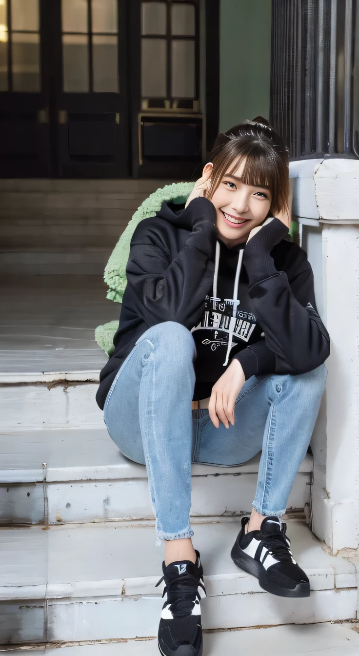 highest quality, Realistic, Very detailed, Finer details, High resolution, 8k wallpaper, One beautiful woman,Sit on the stairs、smile、、（Black socks） Oversized hoodie, Skinny jeans,（ sneakers）、Black Hair、 Beautiful Bangs、ear piercing、Perfect dynamic composition, Beautiful and detailed, Full Body Shot, A big smile waiting to start
